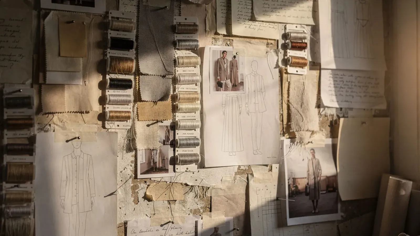 An atelier wall of pinned fabric swatches and garment references