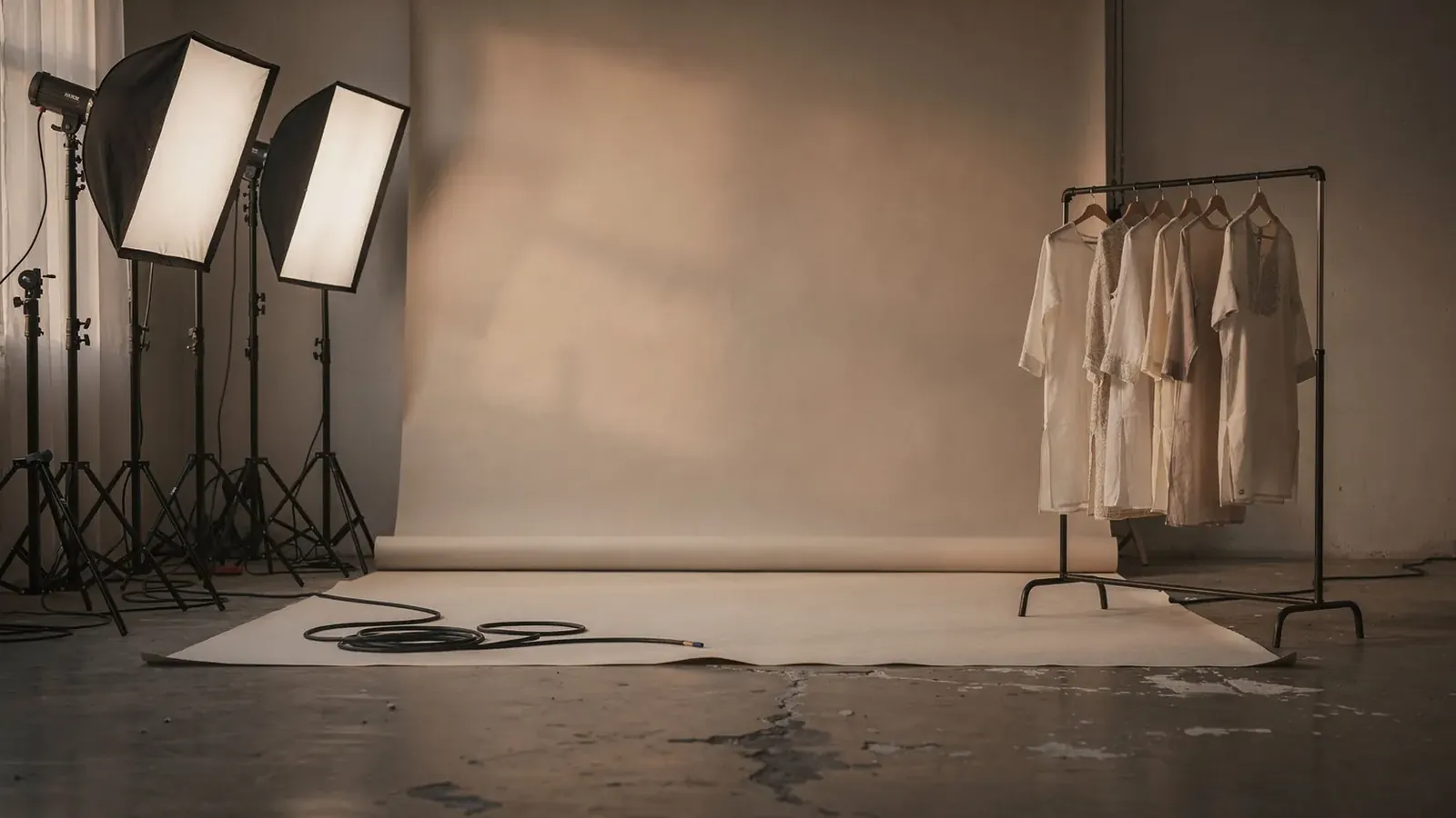 An empty photography studio at the end of a shoot day