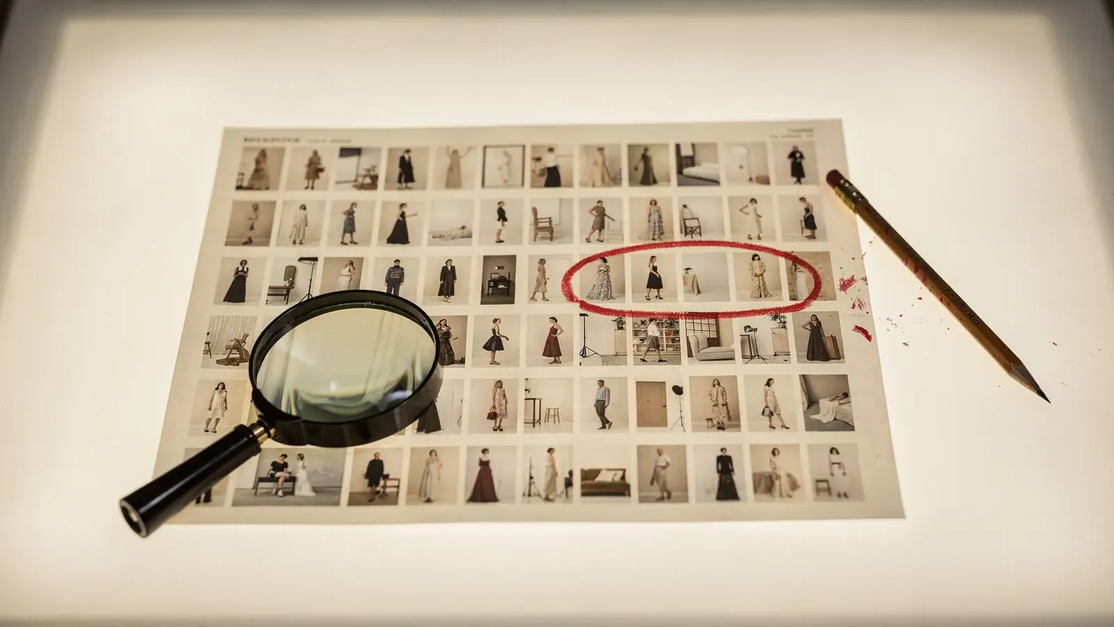 A contact sheet of fashion frames with one select circled