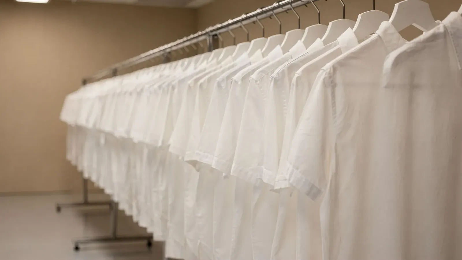 A rail of identical plain white shirts under flat light