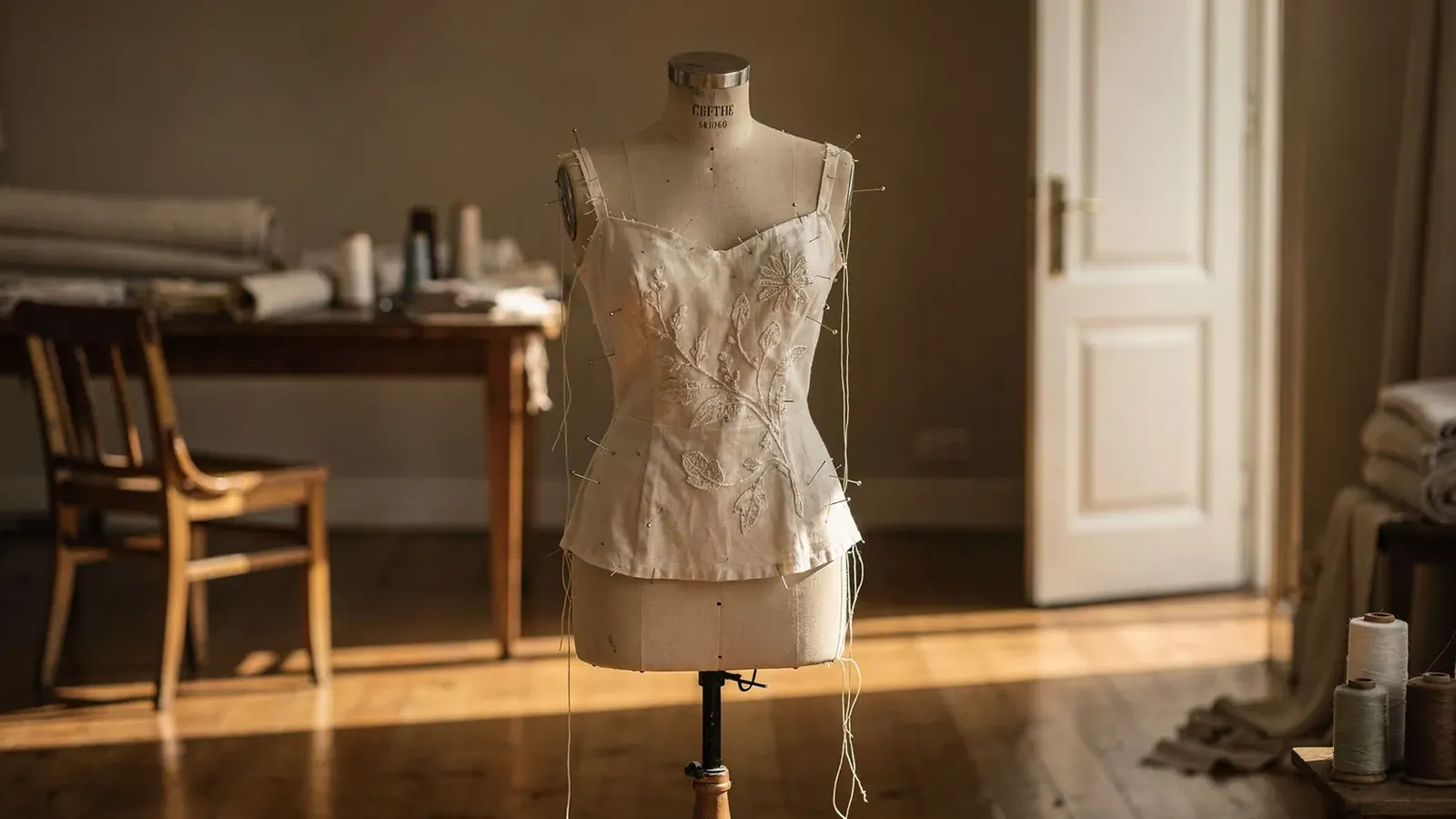 A single dressmaker's form in a private atelier at golden hour