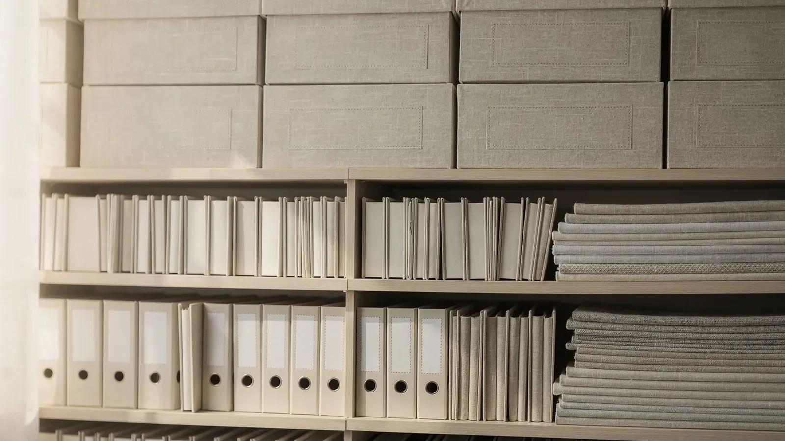 An orderly studio archive of labelled boxes and binders