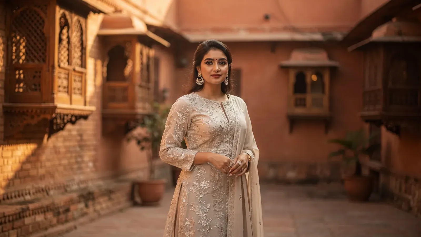 A Pakistani model in luxury pret in a Lahore haveli courtyard