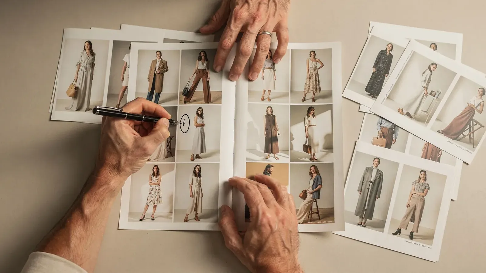 A creative director marking selects on a printed campaign layout