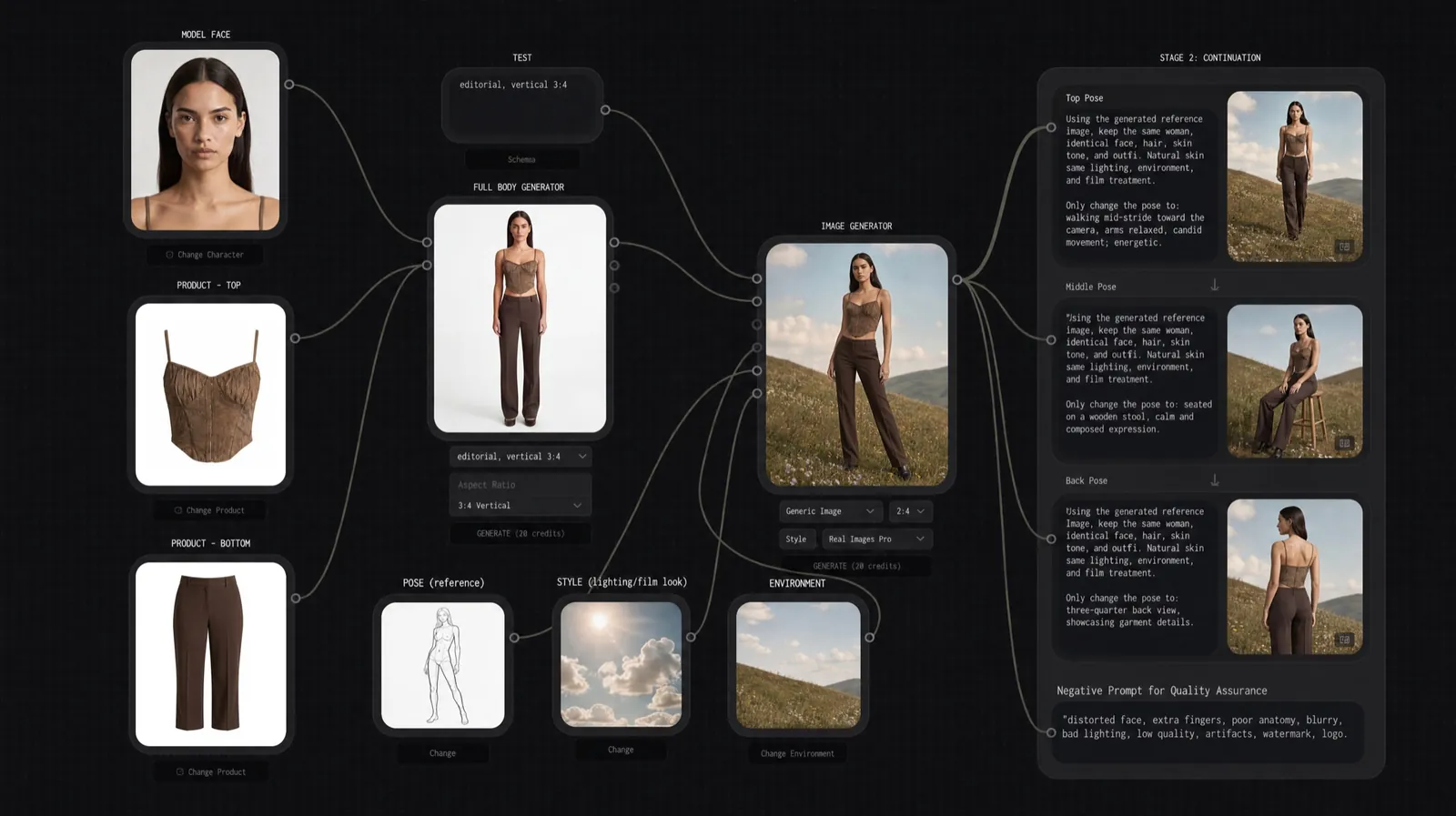 SVNTO multi-agent production workflow — model face and garments in, posed campaign images out